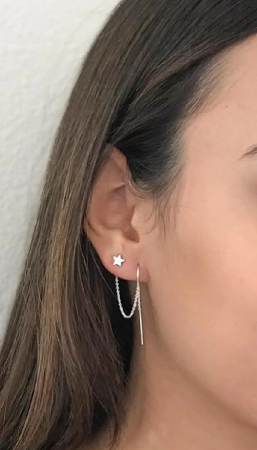 Double Piercing Earrings, Earrings for Two Holes Set, Chain Earrings Double Piercing, Double 2 Hole Threader Earrings for Women, 14k Gold Filled Sterling Silver (Silver, Star and Moon)