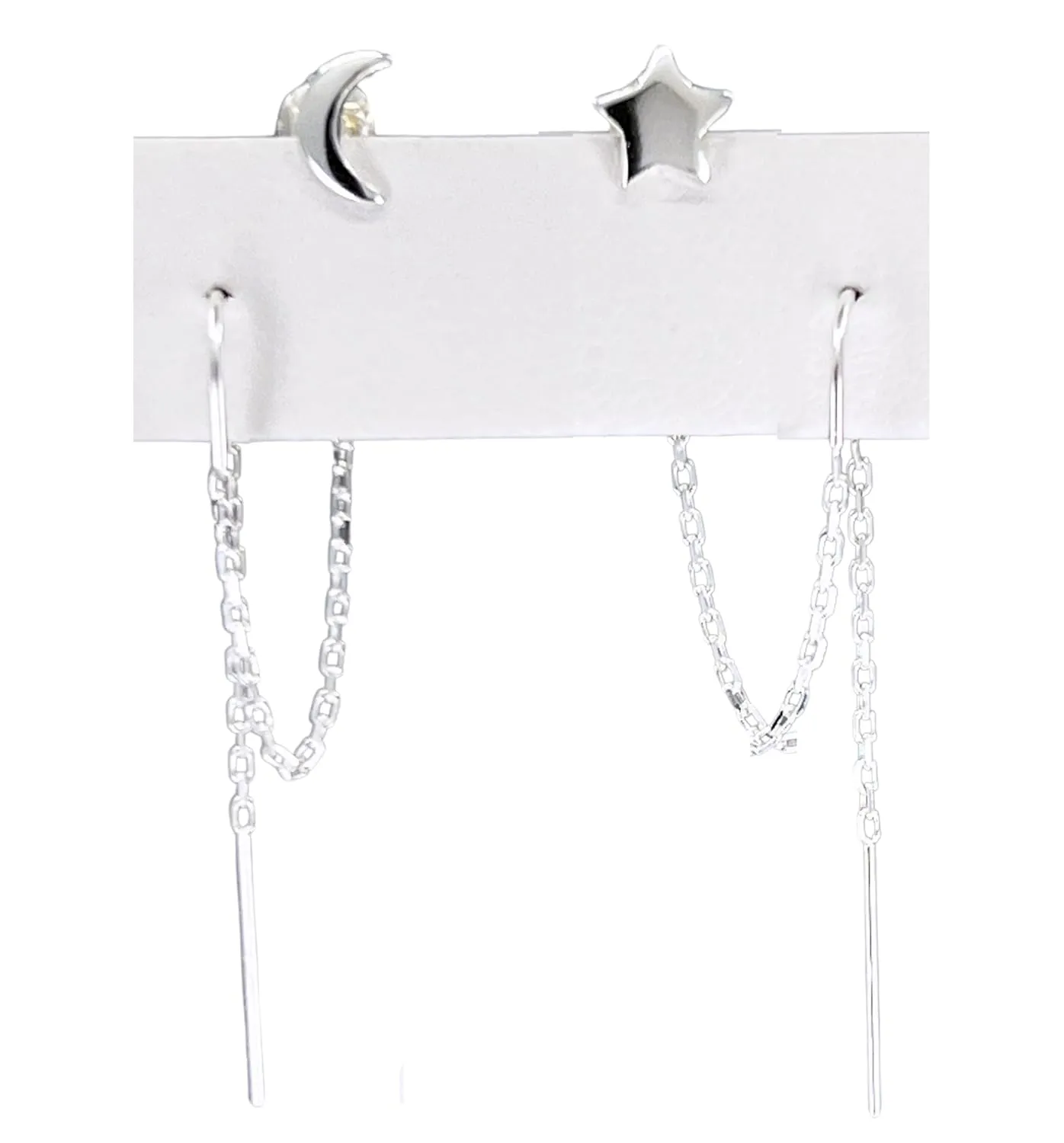 Double Piercing Earrings, Earrings for Two Holes Set, Chain Earrings Double Piercing, Double 2 Hole Threader Earrings for Women, 14k Gold Filled Sterling Silver (Silver, Star and Moon)
