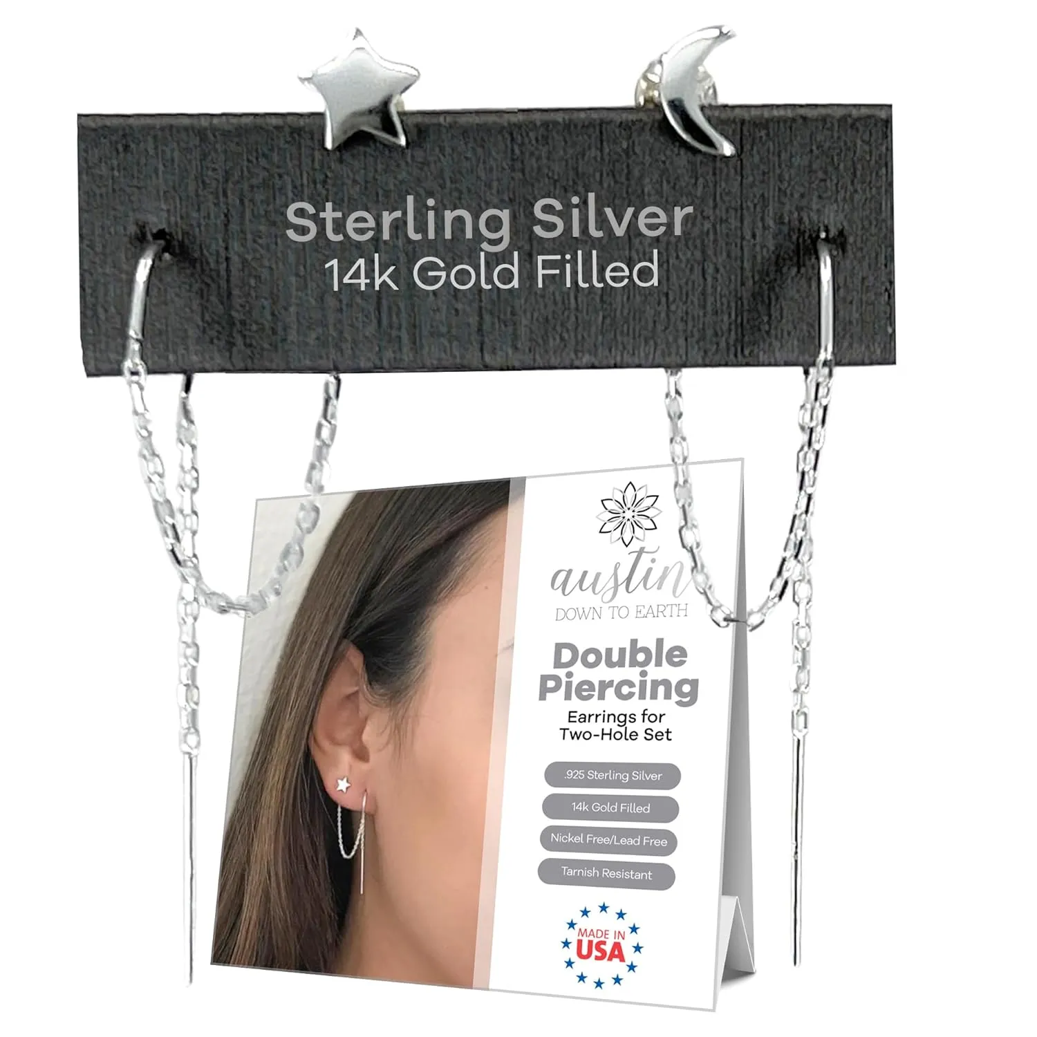Double Piercing Earrings, Earrings for Two Holes Set, Chain Earrings Double Piercing, Double 2 Hole Threader Earrings for Women, 14k Gold Filled Sterling Silver (Silver, Star and Moon)