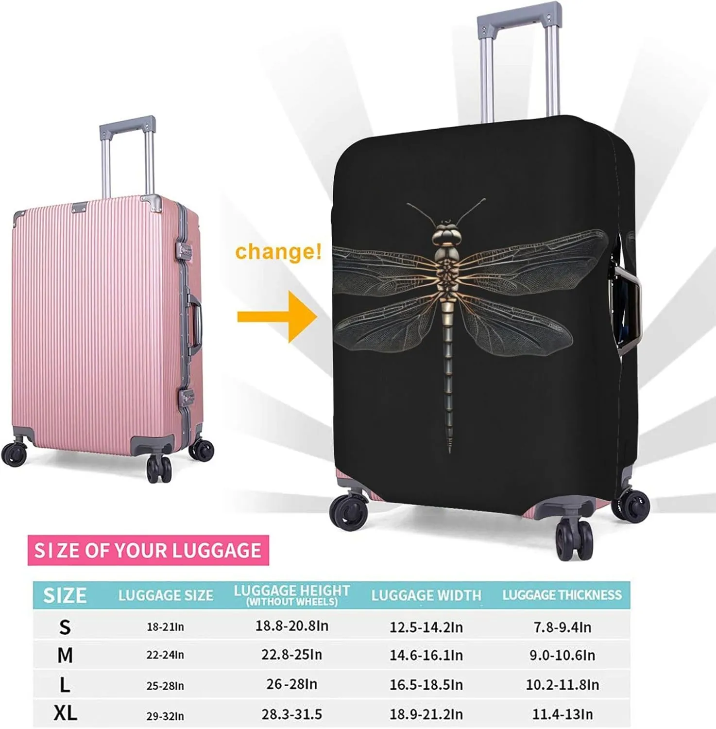 Dragonfly Black Print Practical Elastic Washable Travel Luggage Cover with Concealed Zipper for Suitcases