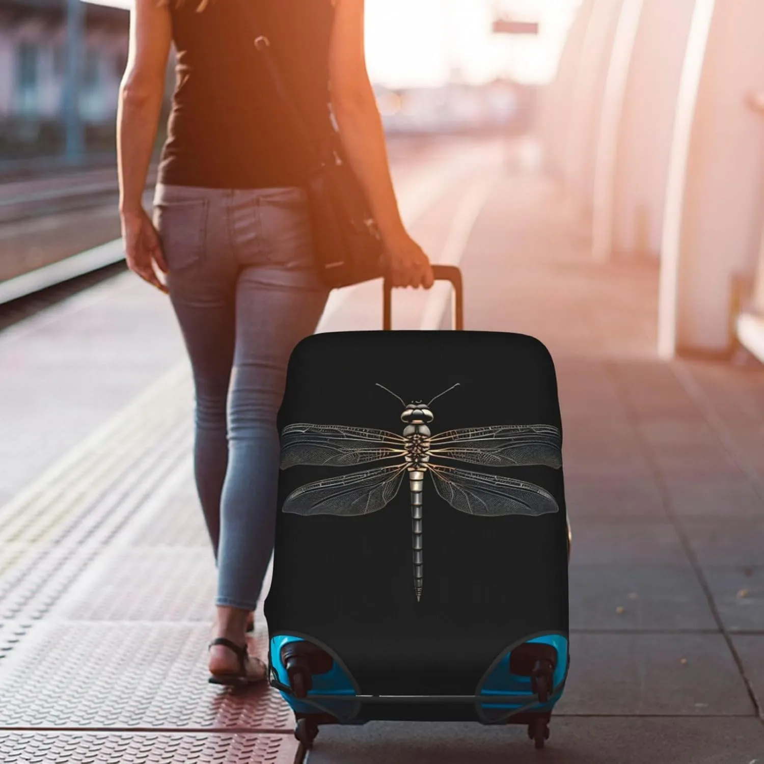 Dragonfly Black Print Practical Elastic Washable Travel Luggage Cover with Concealed Zipper for Suitcases