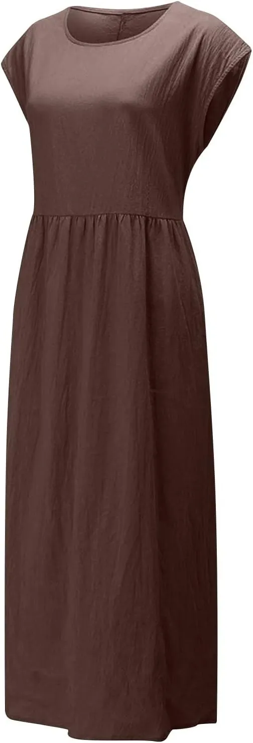 Dresses for Women 2024 Cotton Linen Solid Loose Casual Dress Crewneck Sleeveless Comfy Lightweight Flowy Maxi Dress