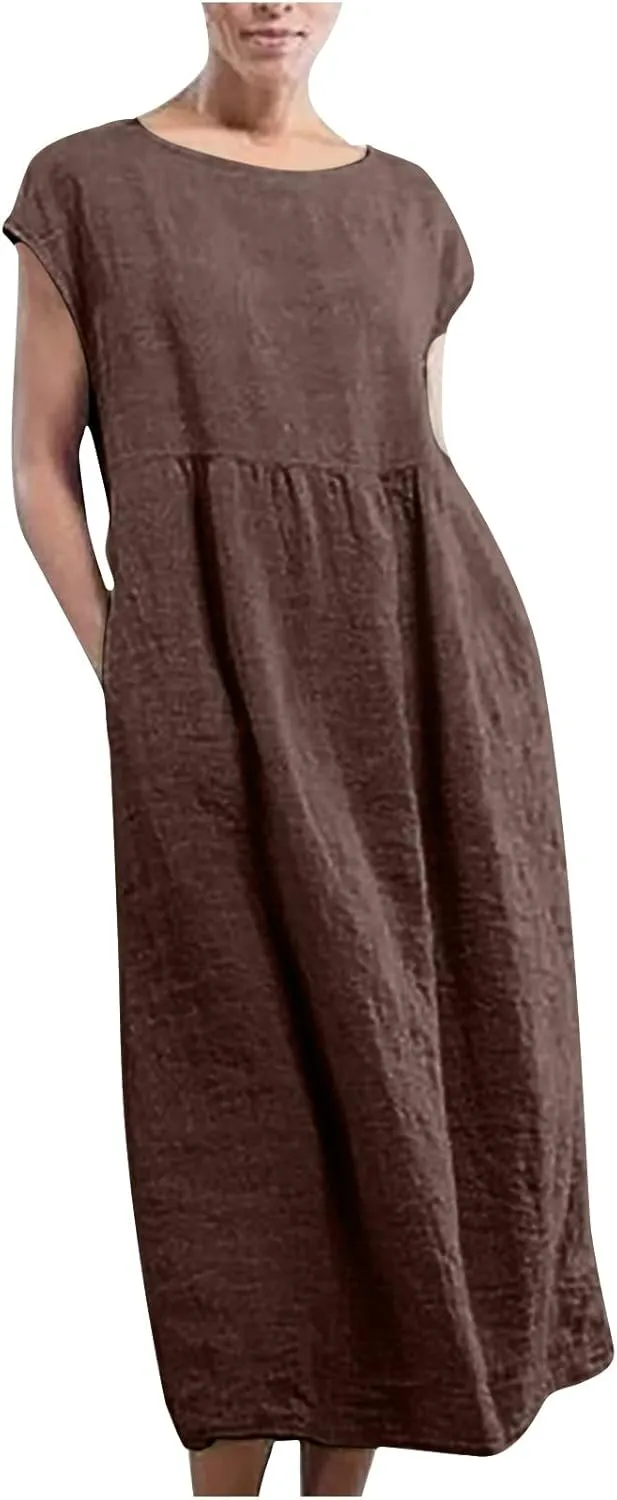 Dresses for Women 2024 Cotton Linen Solid Loose Casual Dress Crewneck Sleeveless Comfy Lightweight Flowy Maxi Dress