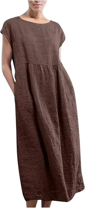 Dresses for Women 2024 Cotton Linen Solid Loose Casual Dress Crewneck Sleeveless Comfy Lightweight Flowy Maxi Dress