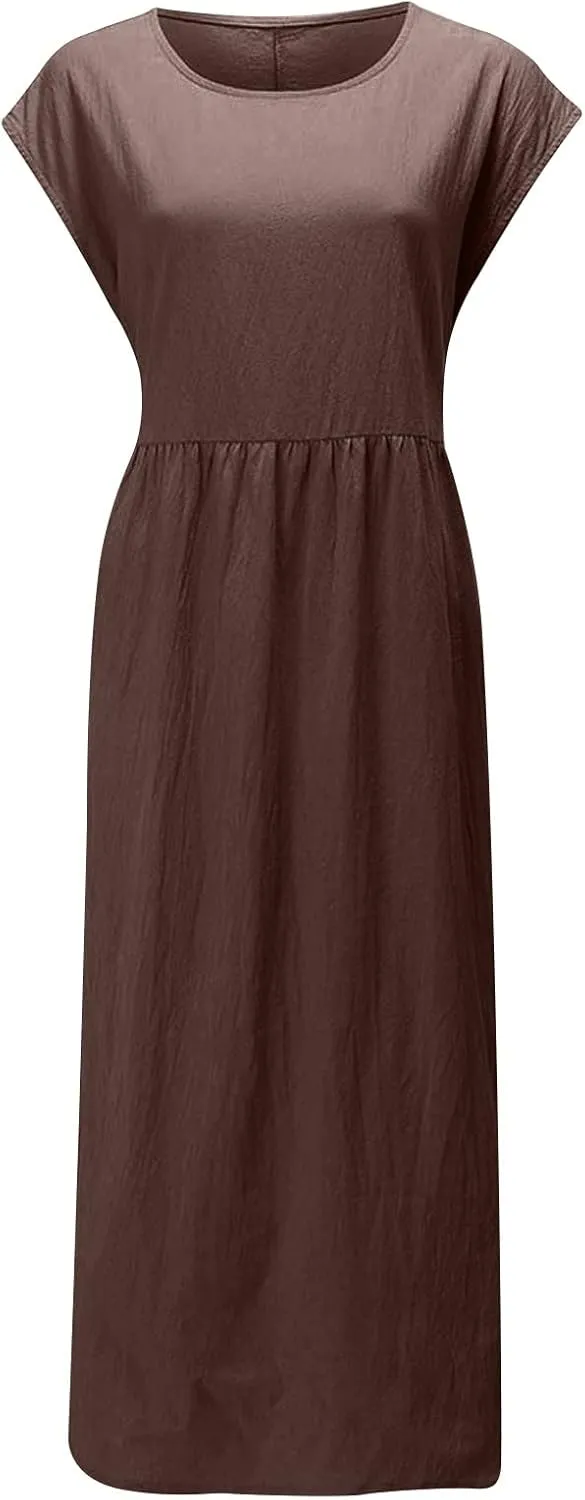 Dresses for Women 2024 Cotton Linen Solid Loose Casual Dress Crewneck Sleeveless Comfy Lightweight Flowy Maxi Dress