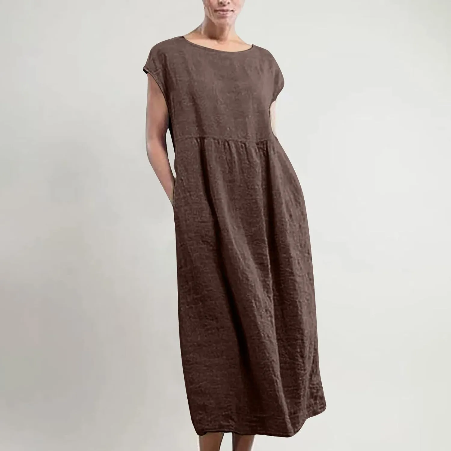 Dresses for Women 2024 Cotton Linen Solid Loose Casual Dress Crewneck Sleeveless Comfy Lightweight Flowy Maxi Dress