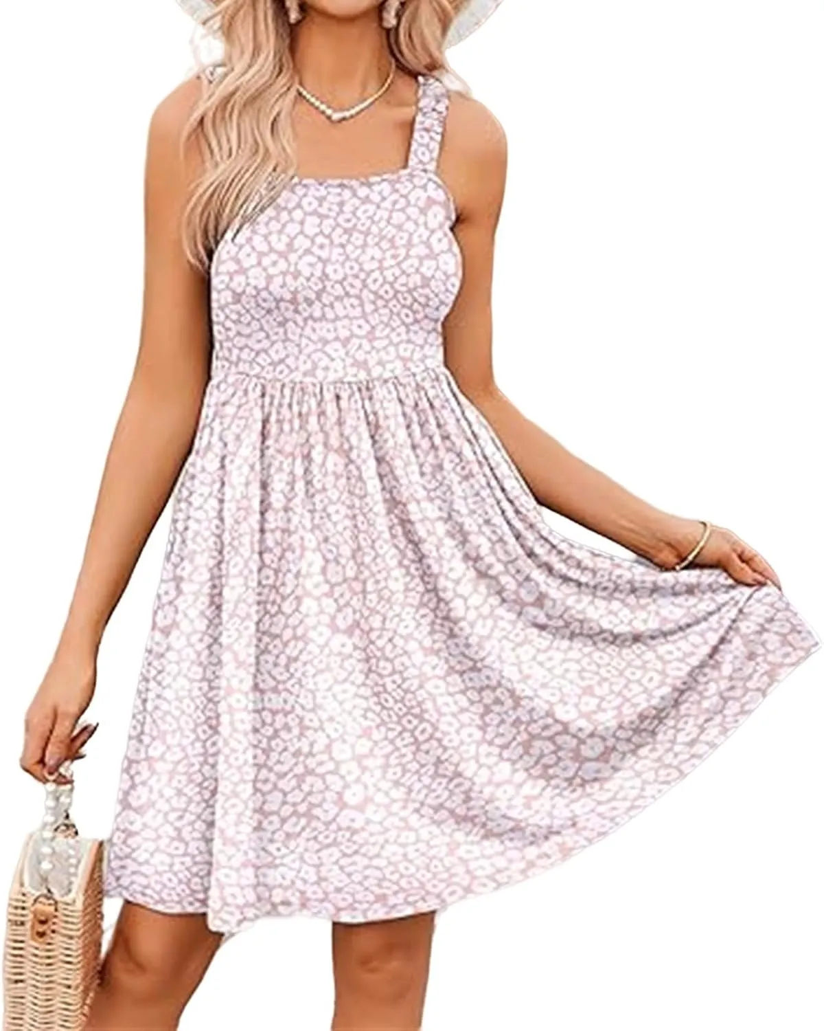 Dresses for Women Summer Floral Boho Beach Dress Elastic Waist Ruffle Mini Dresses Cute Sleeveless Square Neck Dress