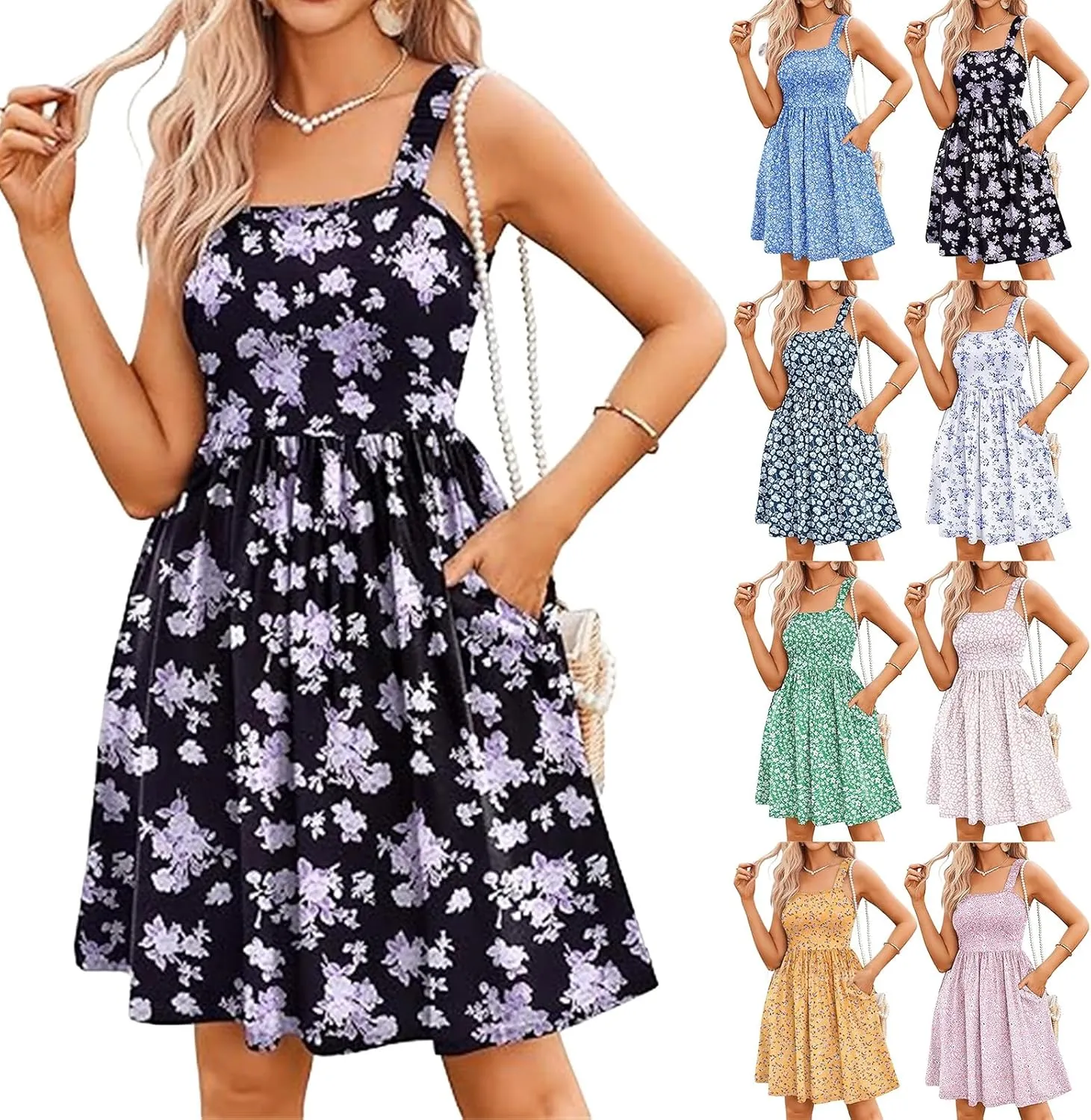 Dresses for Women Summer Floral Boho Beach Dress Elastic Waist Ruffle Mini Dresses Cute Sleeveless Square Neck Dress
