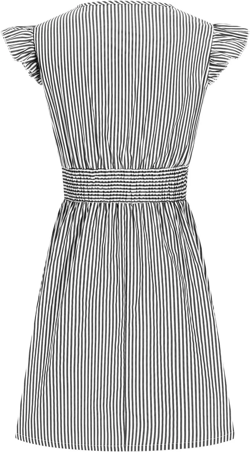 Dresses for Women Summer Loose V Neck Smocked Waist A Line Dress Ruffle Short Sleeve Striped Fashion Short Mini Dress