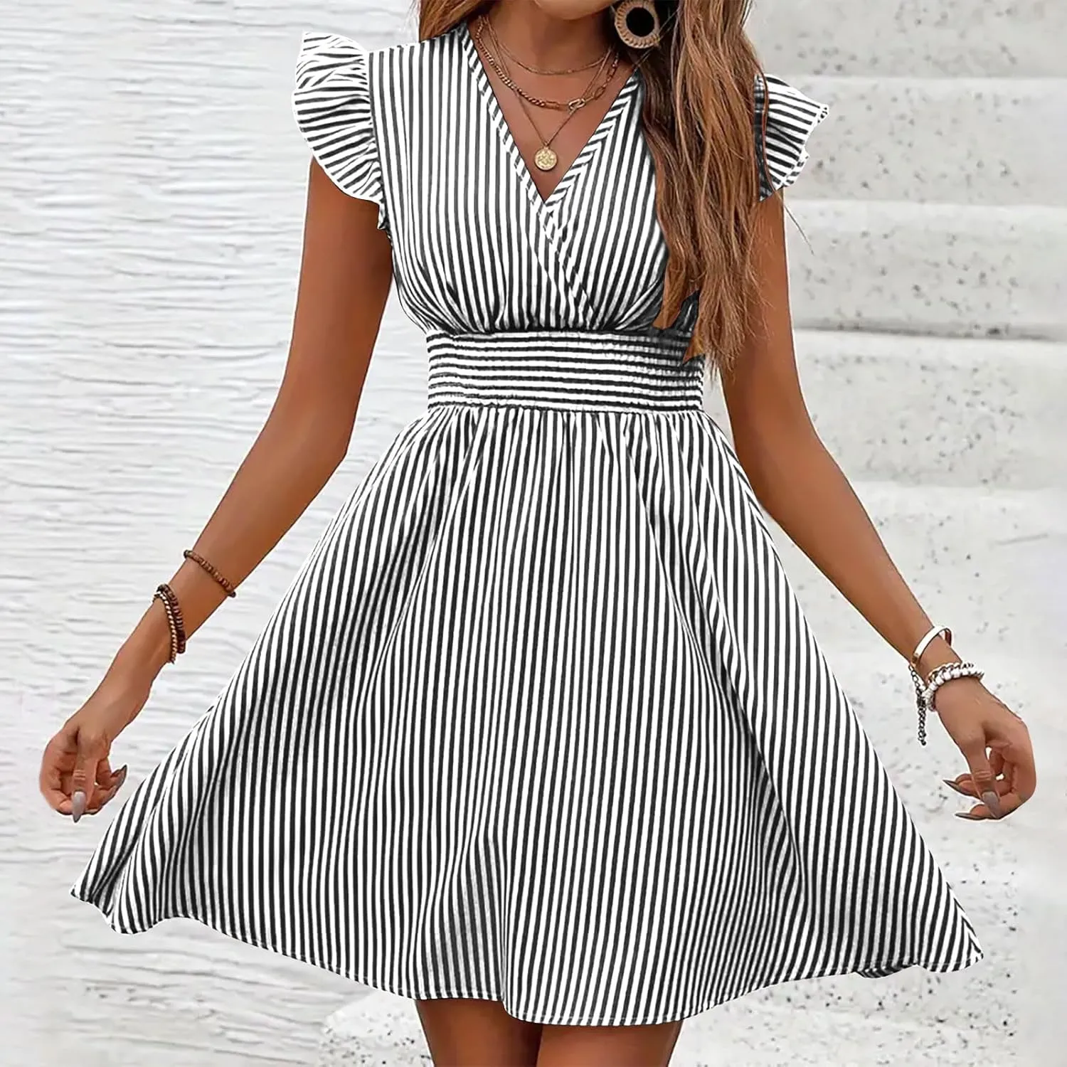 Dresses for Women Summer Loose V Neck Smocked Waist A Line Dress Ruffle Short Sleeve Striped Fashion Short Mini Dress
