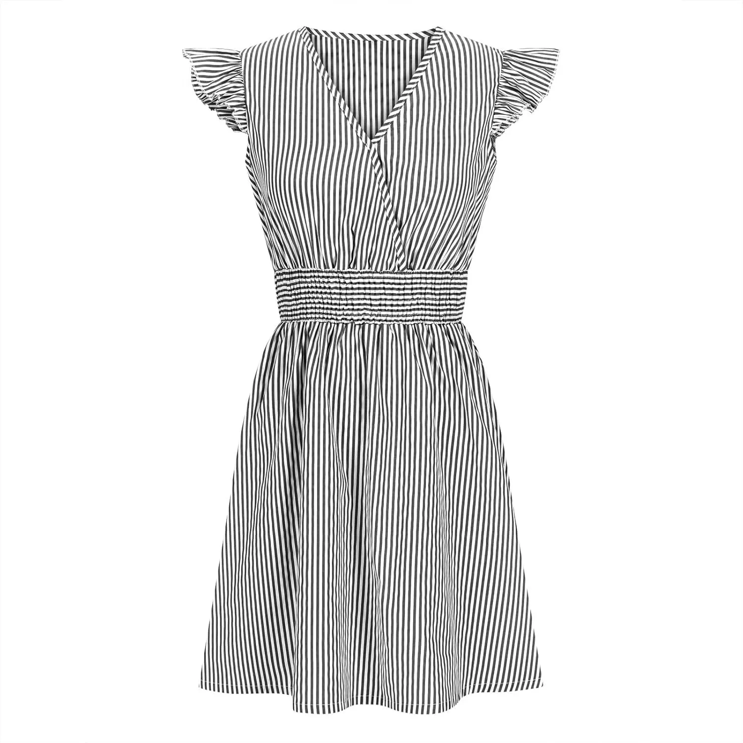 Dresses for Women Summer Loose V Neck Smocked Waist A Line Dress Ruffle Short Sleeve Striped Fashion Short Mini Dress