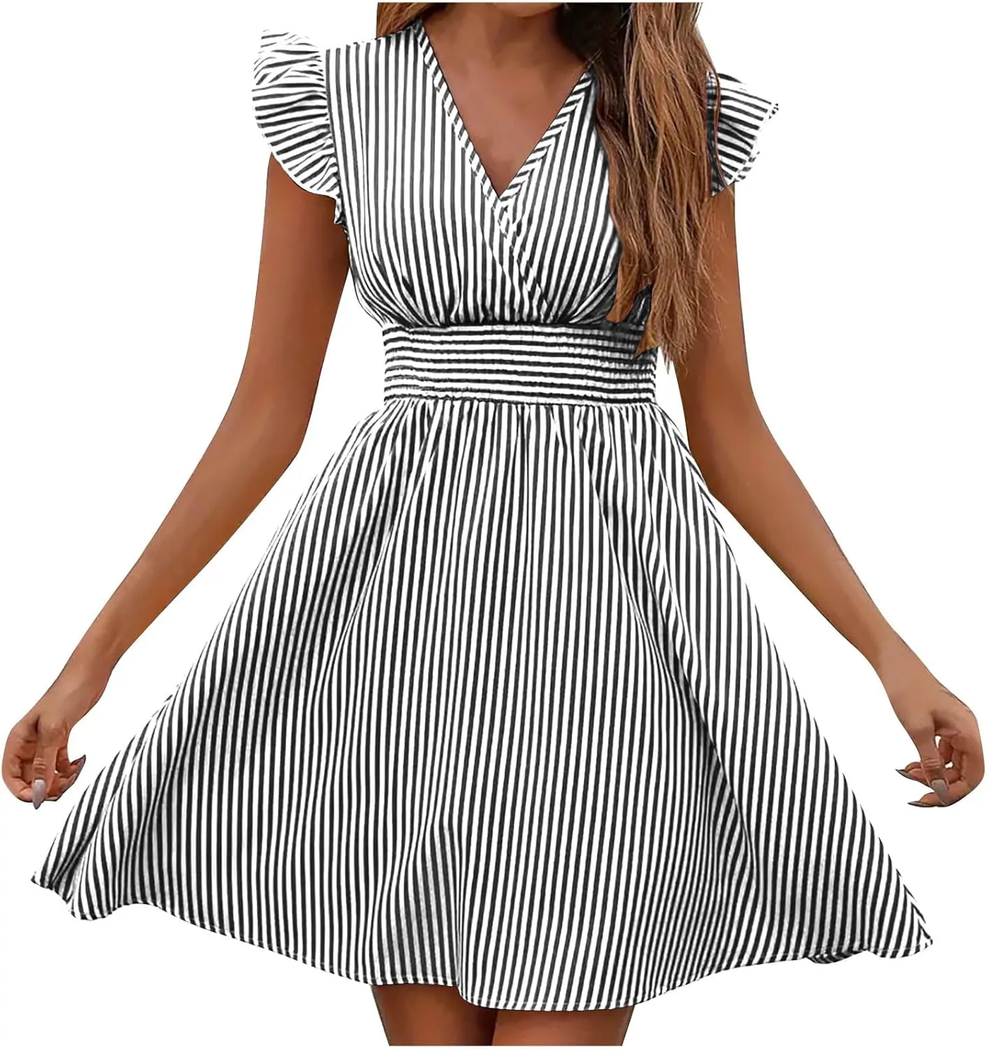 Dresses for Women Summer Loose V Neck Smocked Waist A Line Dress Ruffle Short Sleeve Striped Fashion Short Mini Dress
