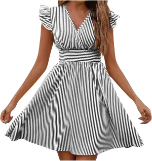 Dresses for Women Summer Loose V Neck Smocked Waist A Line Dress Ruffle Short Sleeve Striped Fashion Short Mini Dress