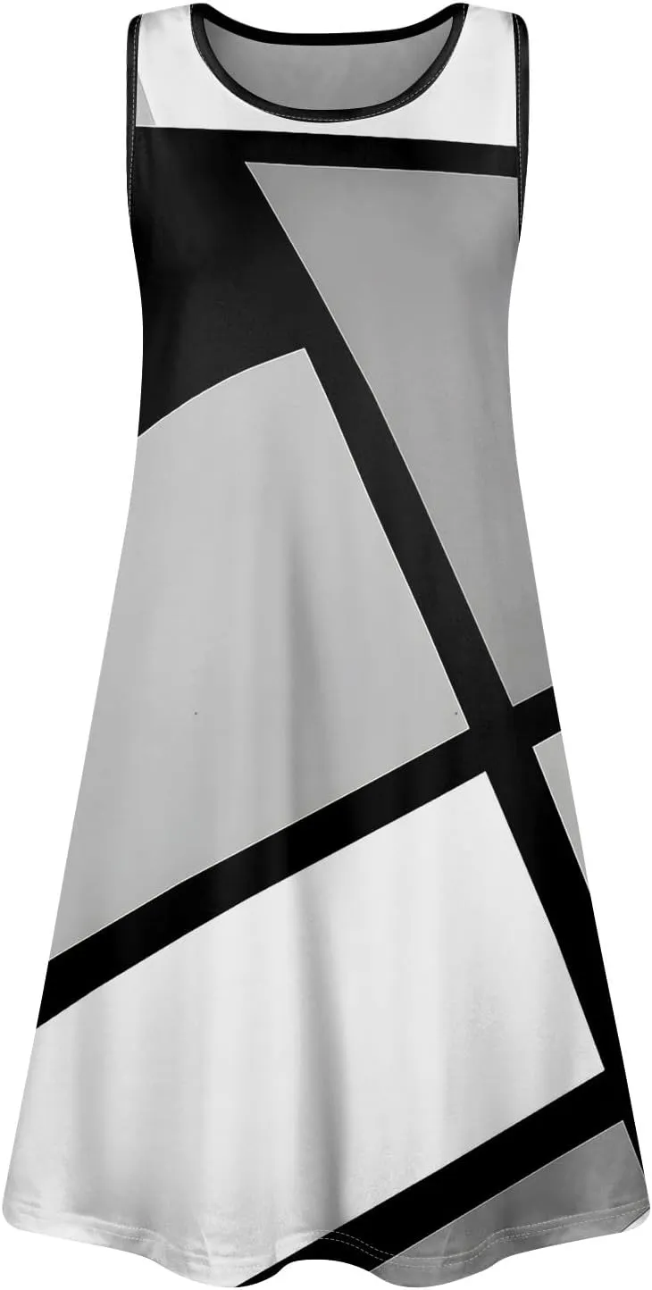 Dresses for Women U Neck Sleeveless Sundress Printed Casual Mini Dress Loose Stylish Dress Boho Vacation Sundresses
