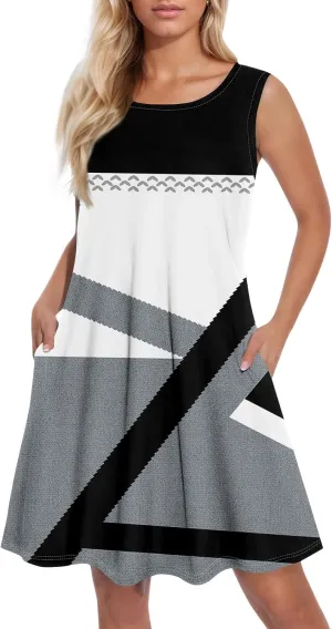 Dresses for Women U Neck Sleeveless Sundress Printed Casual Mini Dress Loose Stylish Dress Boho Vacation Sundresses