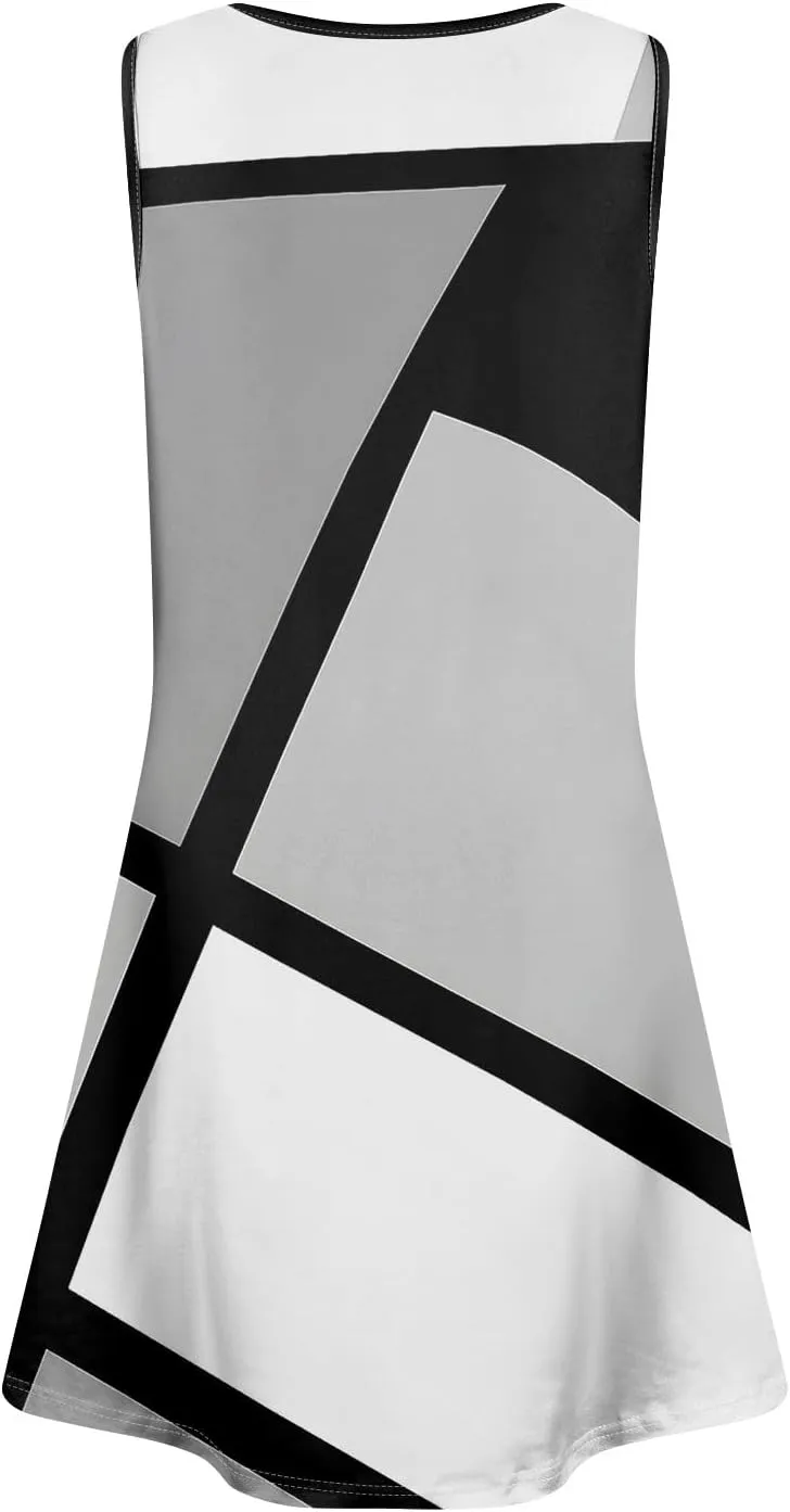 Dresses for Women U Neck Sleeveless Sundress Printed Casual Mini Dress Loose Stylish Dress Boho Vacation Sundresses