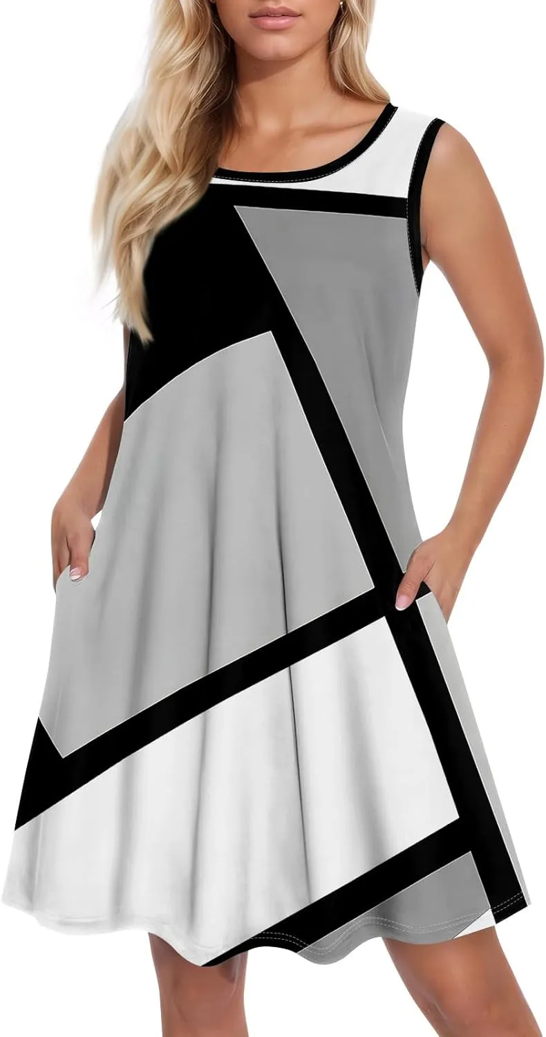 Dresses for Women U Neck Sleeveless Sundress Printed Casual Mini Dress Loose Stylish Dress Boho Vacation Sundresses