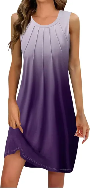 Dresses for Women U Neck Sleeveless Tank Dress Printed Beach Vest Dress Vacation Boho Dresses Loose Stylish Coverup