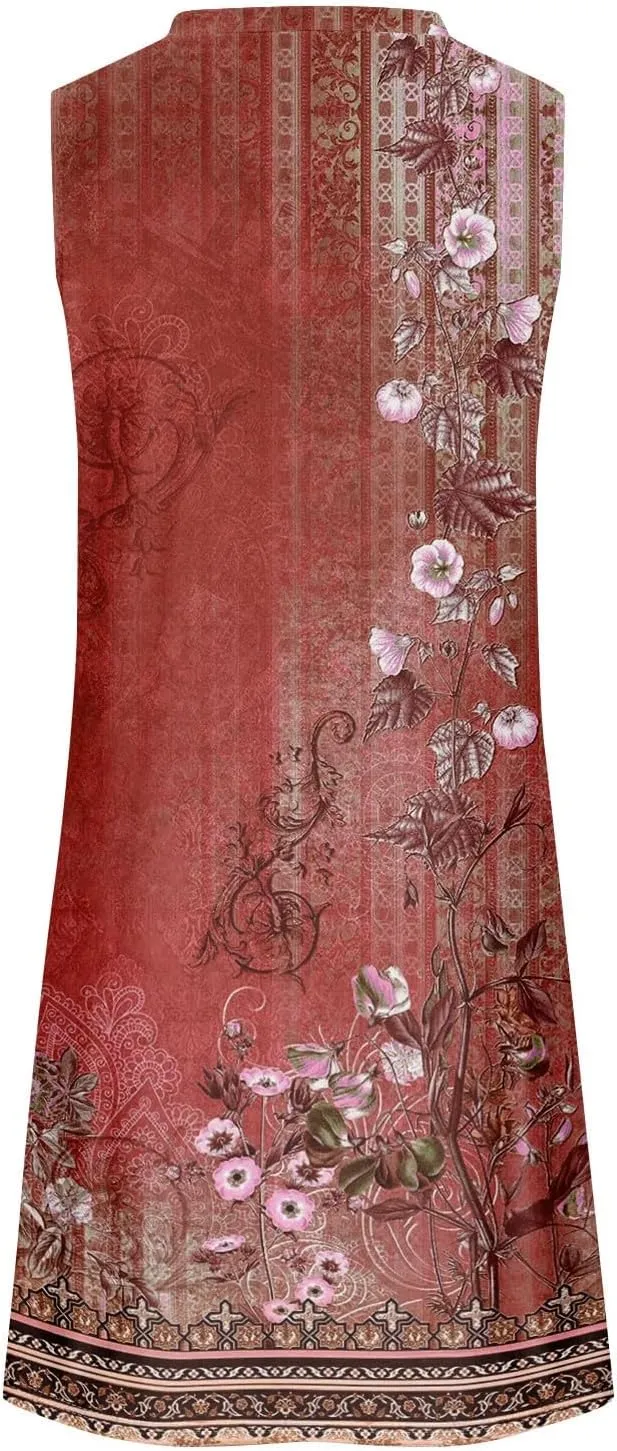 Dresses for Women U Neck Sleeveless Tank Dress Printed Beach Vest Dress Vacation Boho Dresses Loose Stylish Coverup