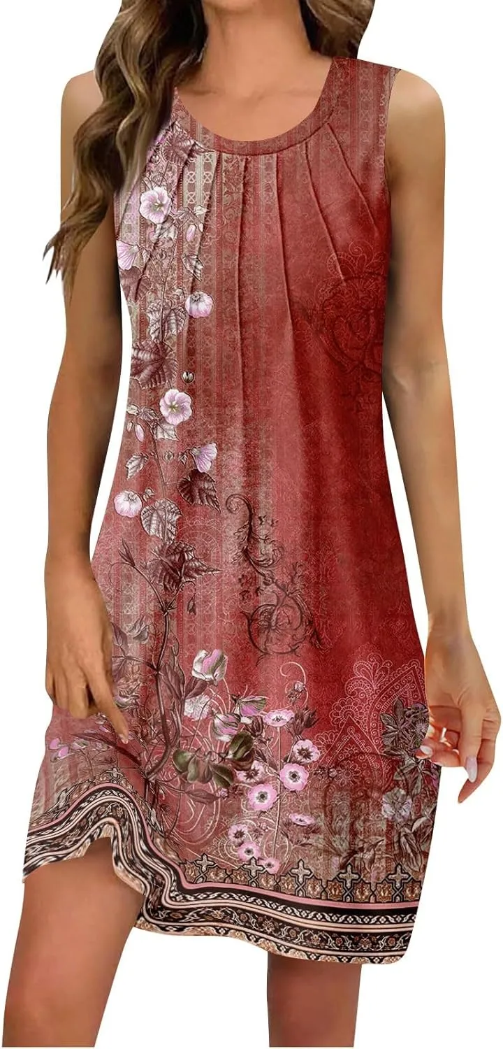 Dresses for Women U Neck Sleeveless Tank Dress Printed Beach Vest Dress Vacation Boho Dresses Loose Stylish Coverup