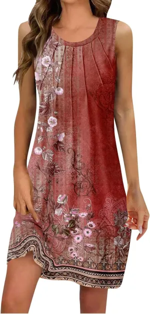 Dresses for Women U Neck Sleeveless Tank Dress Printed Beach Vest Dress Vacation Boho Dresses Loose Stylish Coverup