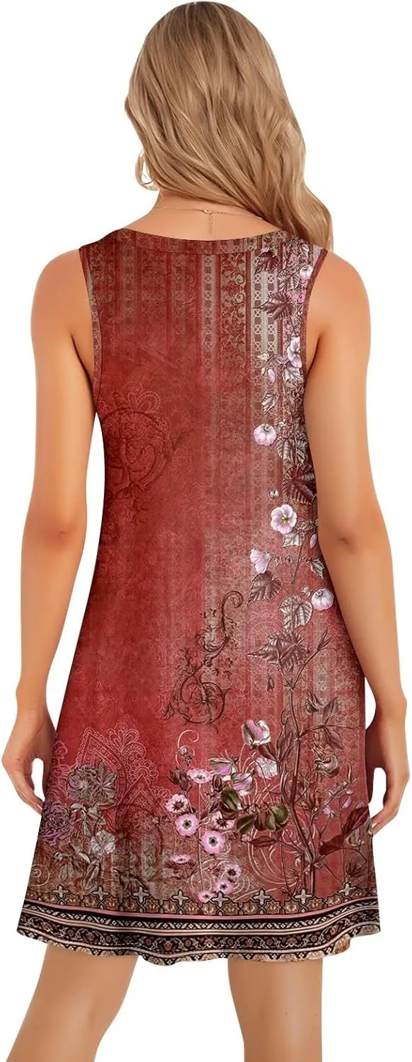 Dresses for Women U Neck Sleeveless Tank Dress Printed Beach Vest Dress Vacation Boho Dresses Loose Stylish Coverup