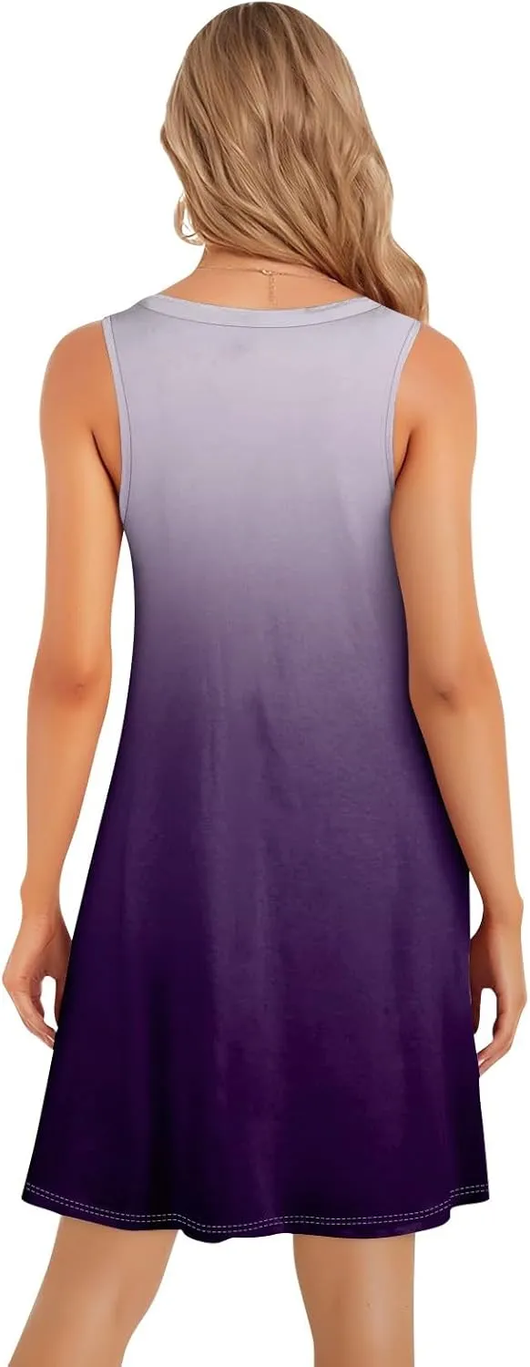 Dresses for Women U Neck Sleeveless Tank Dress Printed Beach Vest Dress Vacation Boho Dresses Loose Stylish Coverup