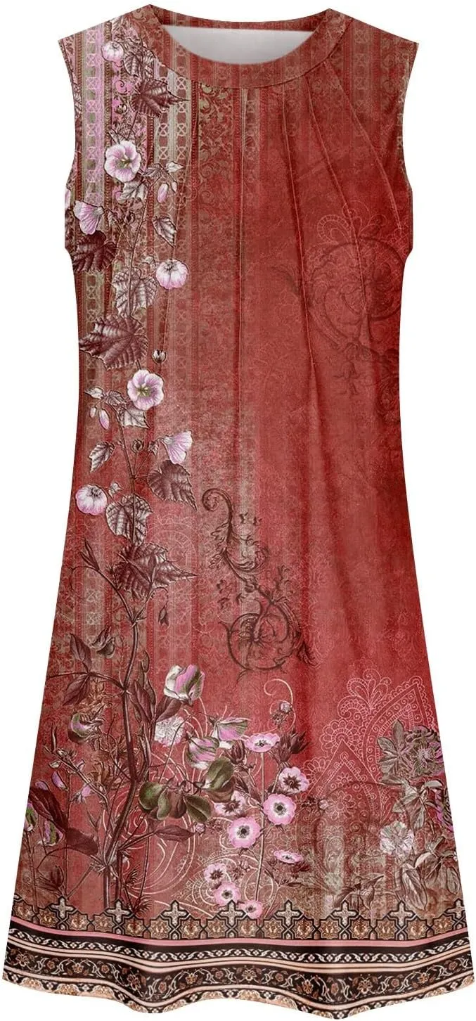 Dresses for Women U Neck Sleeveless Tank Dress Printed Beach Vest Dress Vacation Boho Dresses Loose Stylish Coverup