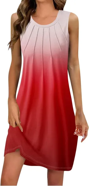 Dresses for Women U Neck Sleeveless Tank Dress Printed Beach Vest Dress Vacation Boho Dresses Loose Stylish Coverup