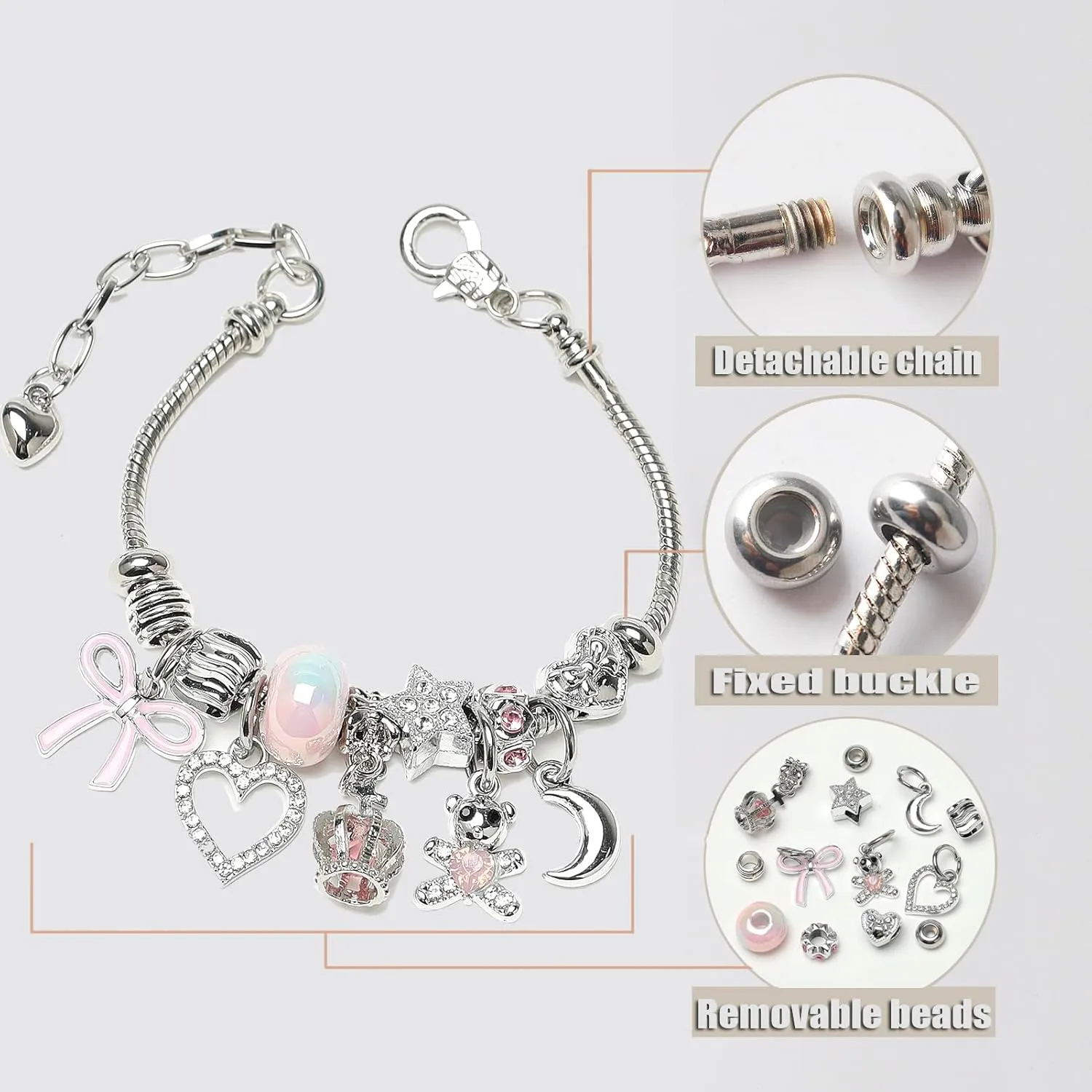 DS Charm Bracelets for girls,exquisite cute cartoon friendship Silver bracelets Stainless Steel Bangle with birthday Gift box, Adjustable girls jewelry Suitable for holiday gifts