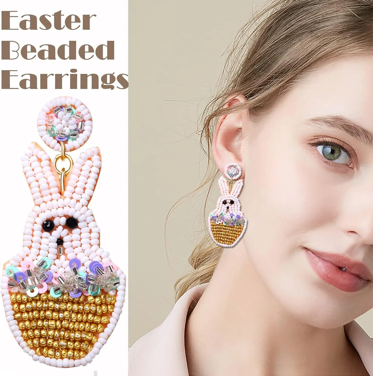 Easter Earrings for Women Girls Easter Beaded Drop Dangle Earrings Happy Easter Bunny Bead Earrings Easter Bead Dangle Earrings Cute Jewelry for Gift