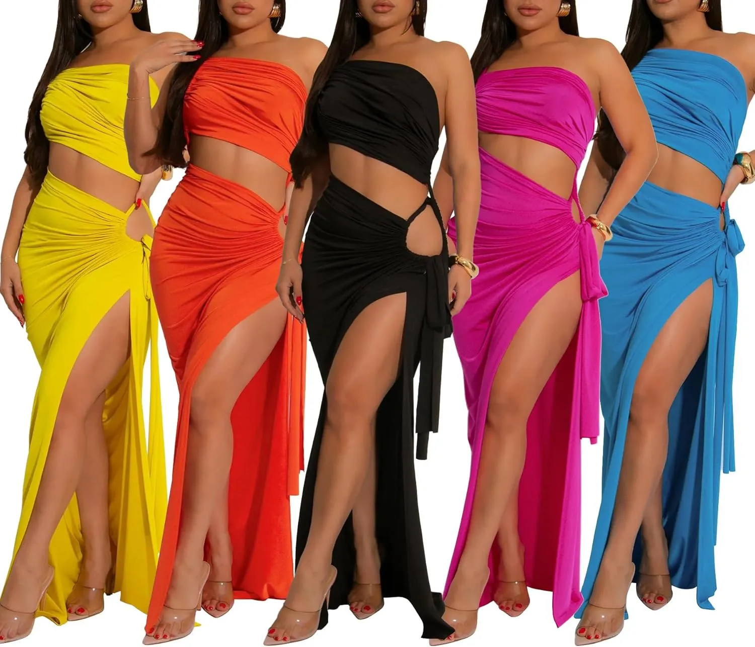 Ecirod Womens Sexy Club Night Sleeveless Backless Ruched Dress High Side Slit Bodycon Maxi Skirt