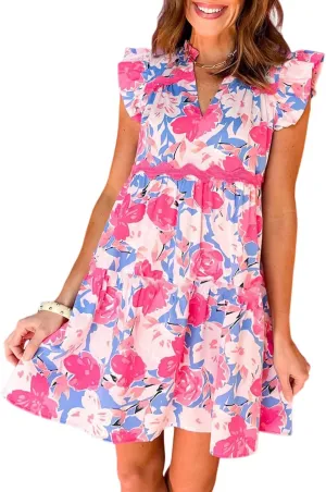 Ecosunny Women's 2024 Summer Mini Dress Floral Print Casual V Neck Ruffle Cap Sleeve Boho RIC Rac Flowy Beach Sundress