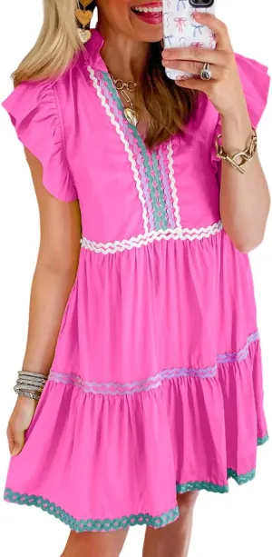 Ecosunny Women's Summer Mini Dress 2024 V Neck Ruffle Cap Sleeve RIC Rac Casual Flowy Tiered Boho Beach Sundress