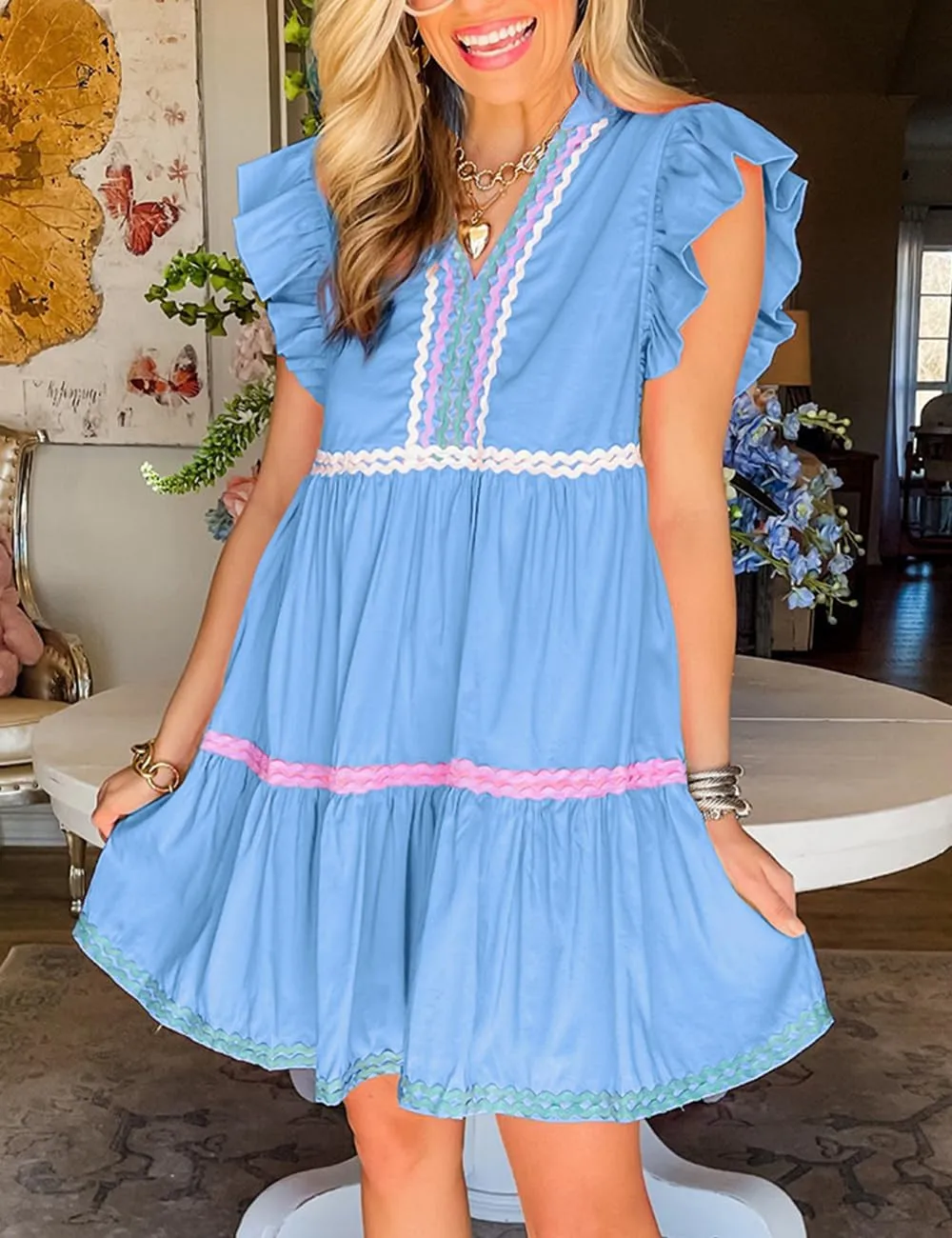 Ecosunny Women's Summer Mini Dress 2024 V Neck Ruffle Cap Sleeve RIC Rac Casual Flowy Tiered Boho Beach Sundress
