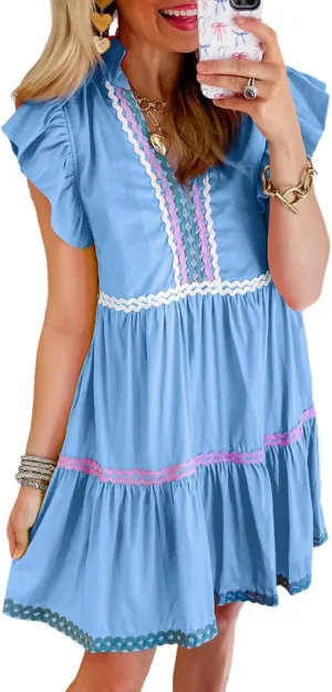 Ecosunny Women's Summer Mini Dress 2024 V Neck Ruffle Cap Sleeve RIC Rac Casual Flowy Tiered Boho Beach Sundress