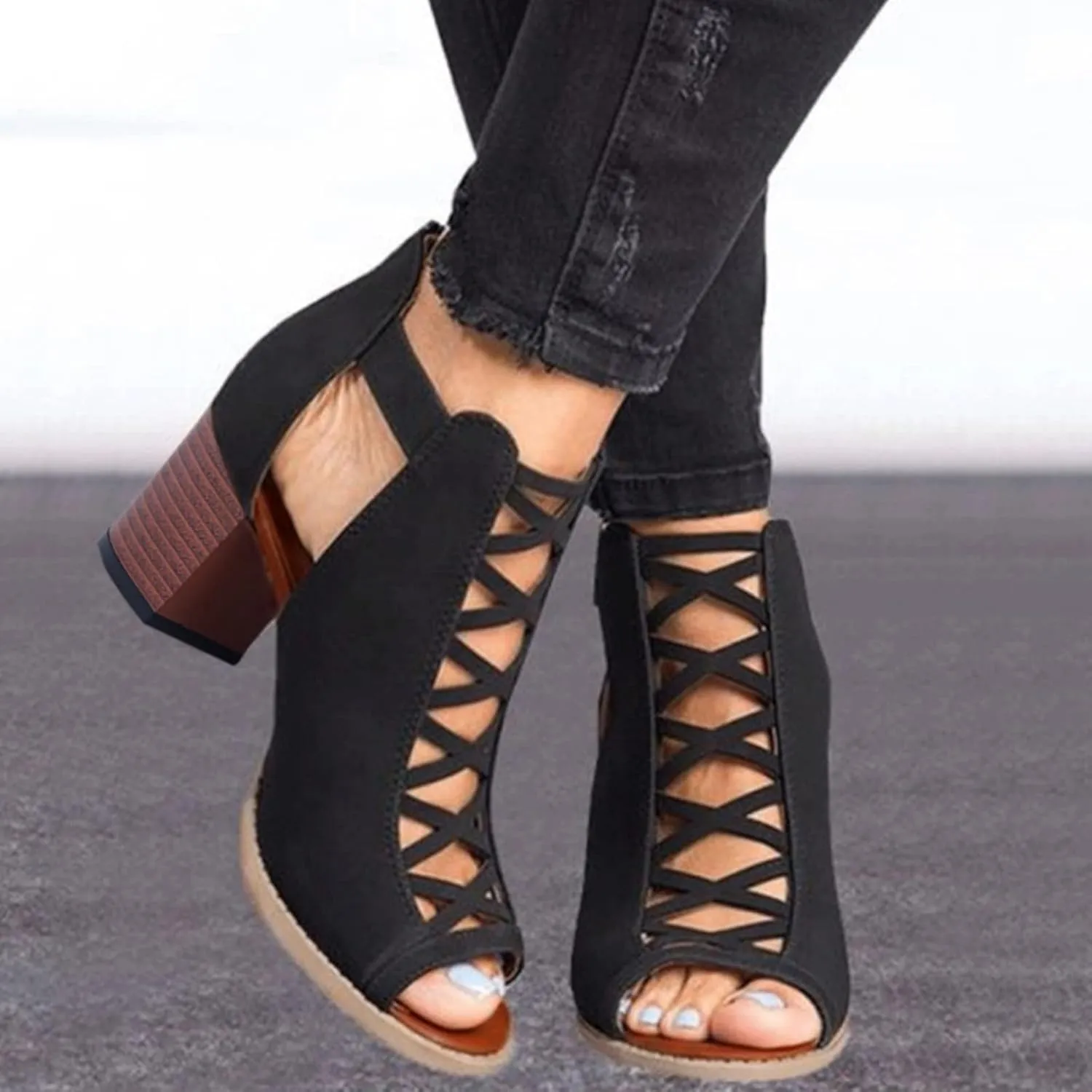 Eduavar Summer Sandals for Women, Sandals Women Fahsoin Aran Open Toe Heel Sandal Cut Out Boots Sandals with Ankle Strap