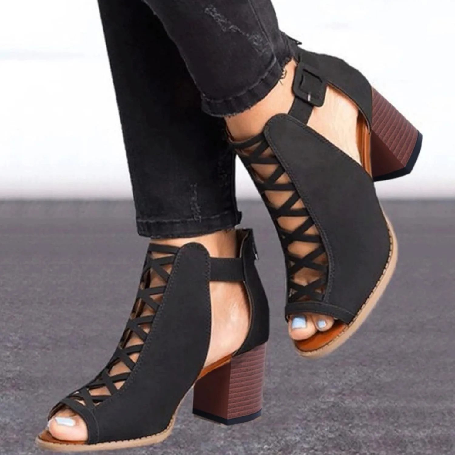 Eduavar Summer Sandals for Women, Sandals Women Fahsoin Aran Open Toe Heel Sandal Cut Out Boots Sandals with Ankle Strap
