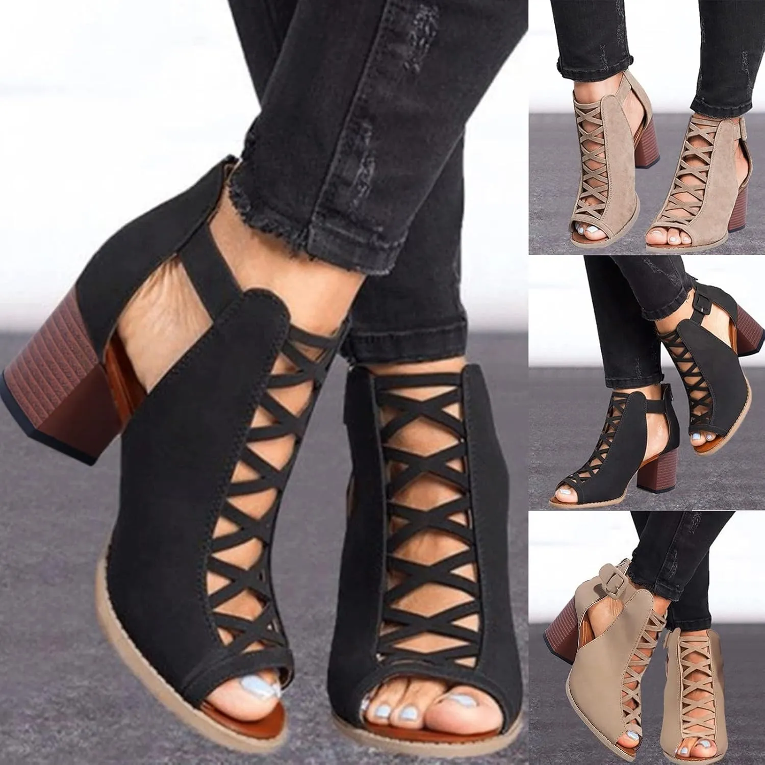 Eduavar Summer Sandals for Women, Sandals Women Fahsoin Aran Open Toe Heel Sandal Cut Out Boots Sandals with Ankle Strap