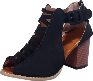 Eduavar Summer Sandals for Women, Sandals Women Fahsoin Aran Open Toe Heel Sandal Cut Out Boots Sandals with Ankle Strap