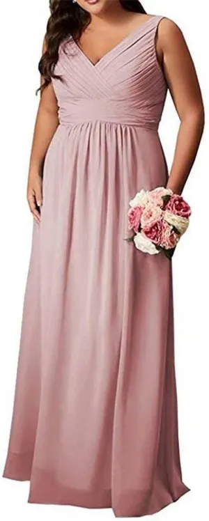 EEFZL Women's V Neck Ruffles Chiffon Wedding Bridesmaid Dress A Line Long Prom Evening Graduation Gowns for Juniors