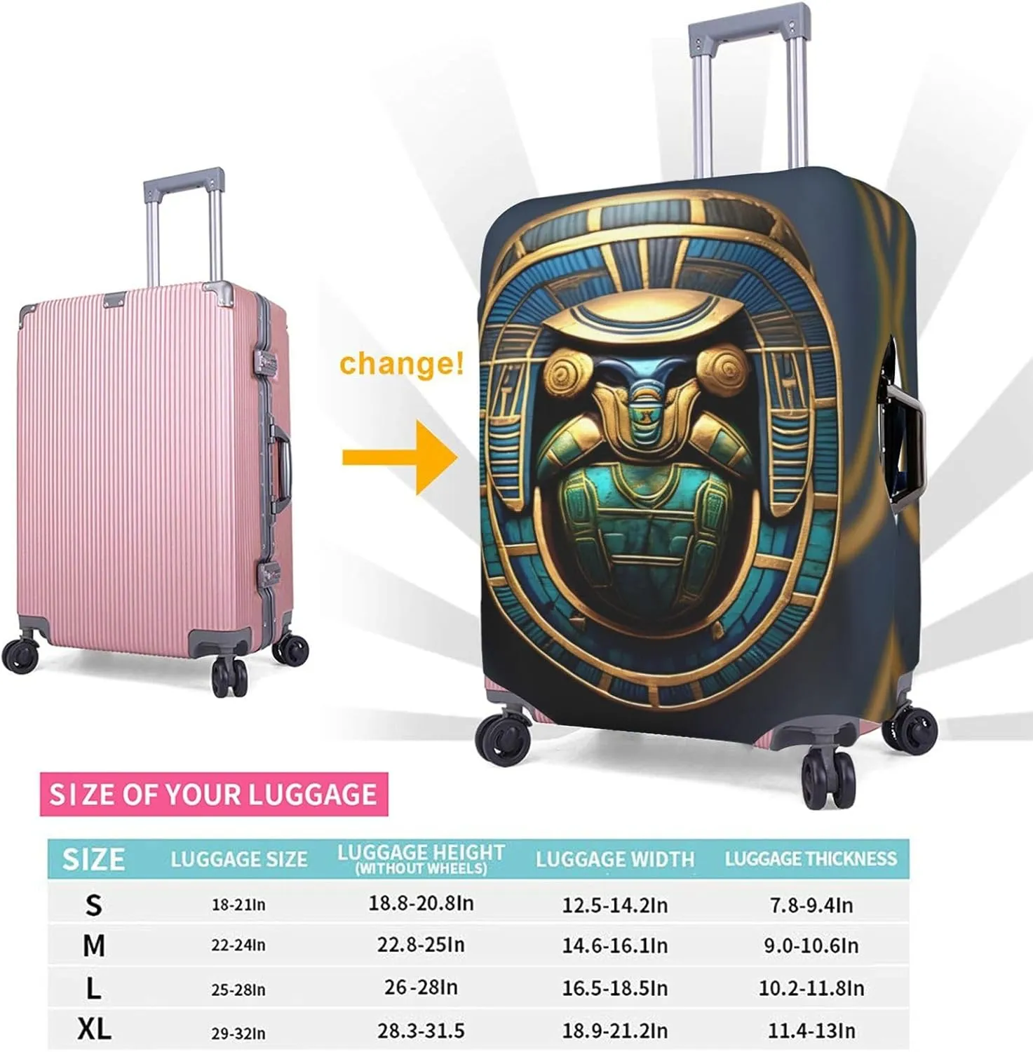 Egyptian Scarab Print Practical Elastic Washable Travel Luggage Cover with Concealed Zipper for Suitcases