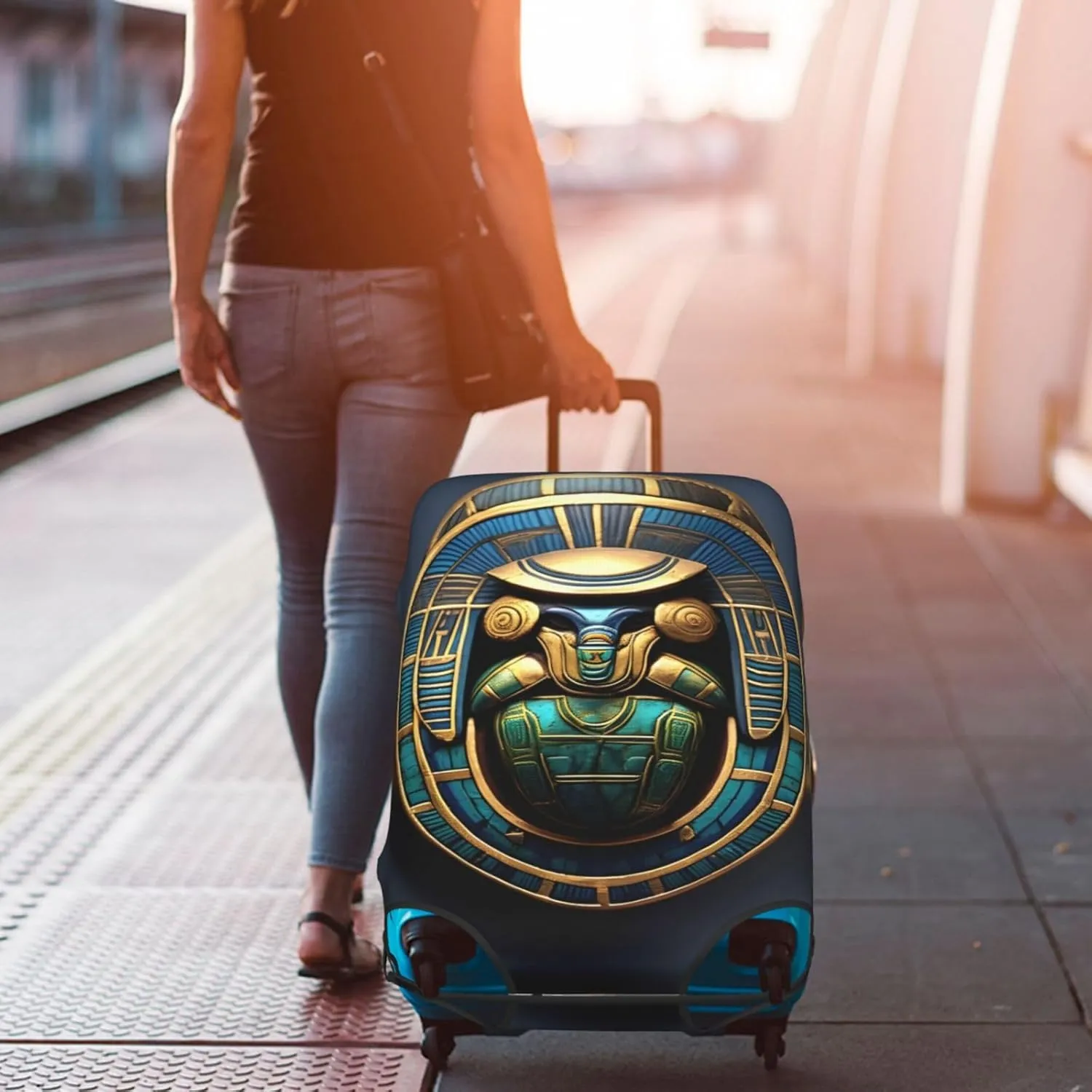 Egyptian Scarab Print Practical Elastic Washable Travel Luggage Cover with Concealed Zipper for Suitcases