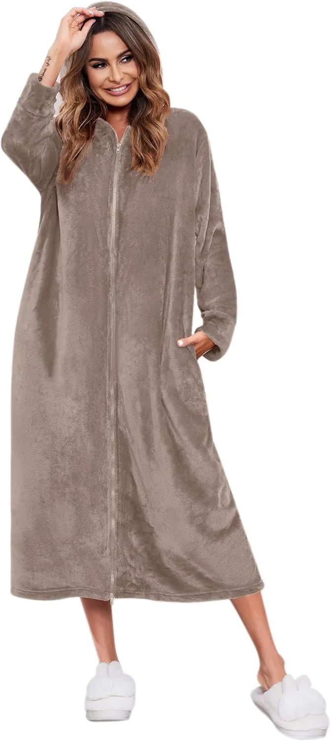 Ekouaer Fleece Robes for Women Hooded Plush Zipper Front Long Bathrobe Flannel Warm House Robe Sleepwear with Pockets