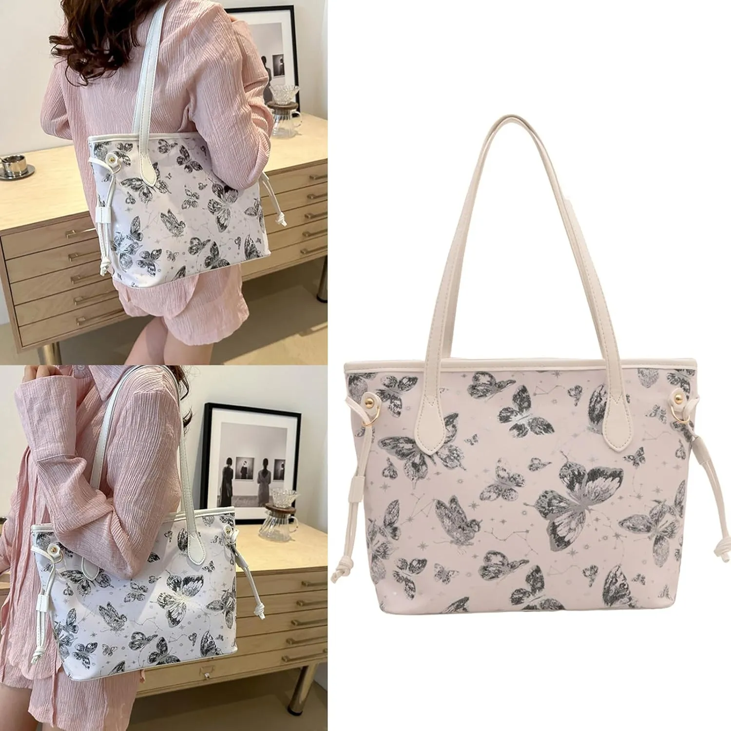 Elegant Butterfly Pattern Large Capacity Top Handle Bag Functional Casual Shoulder Purse PU Leather Satchel for Women