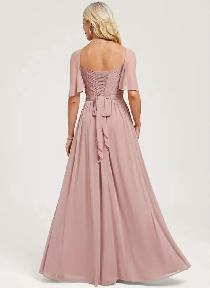 Elegant Chiffon Bridesmaid Dresses 2025 Ruffle Sleeves A-Line Formal Evening Dresses with Slit TM153