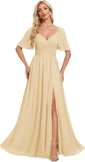 Elegant Chiffon Bridesmaid Dresses 2025 Ruffle Sleeves A-Line Formal Evening Dresses with Slit TM153
