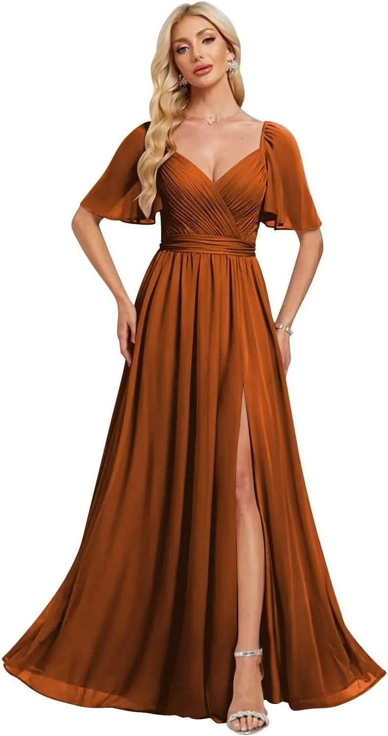 Elegant Chiffon Bridesmaid Dresses 2025 Ruffle Sleeves A-Line Formal Evening Dresses with Slit TM153