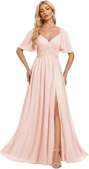 Elegant Chiffon Bridesmaid Dresses 2025 Ruffle Sleeves A-Line Formal Evening Dresses with Slit TM153