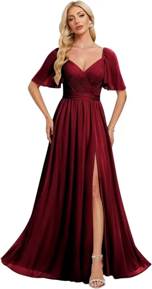 Elegant Chiffon Bridesmaid Dresses 2025 Ruffle Sleeves A-Line Formal Evening Dresses with Slit TM153